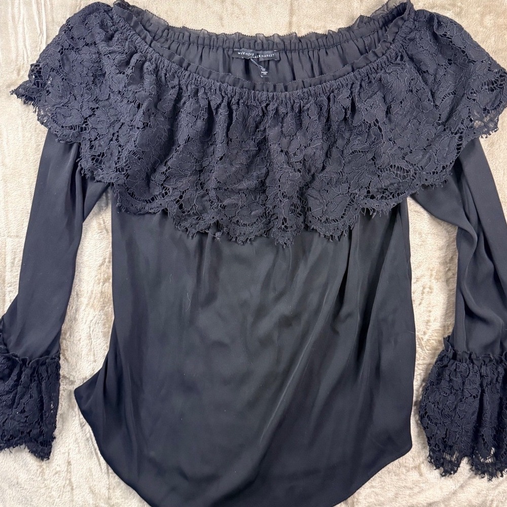 White House Black‎ Market Black Lace Off Shoulder Ruffle Blouse Whimsigoth Fairy
